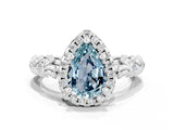 White gold Pear Cut Halo Diamond Solitaire with Filigree Band and Four-Prong Setting
