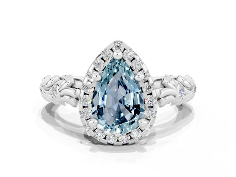 White gold Pear Cut Halo Diamond Solitaire with Filigree Band and Four-Prong Setting