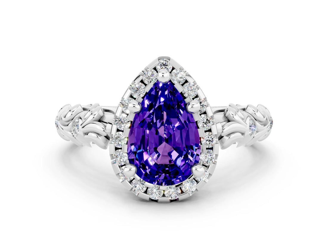 White gold Pear Cut Halo Diamond Solitaire with Filigree Band and Four-Prong Setting