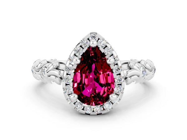 White gold Pear Cut Garnet Halo Ring with Filigree Band and Prong Setting