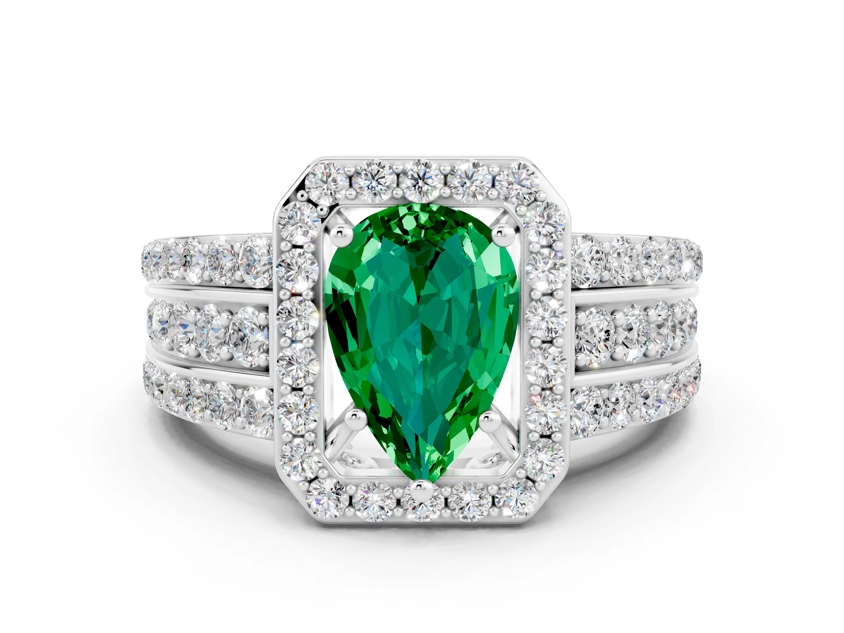 White gold Pear Cut Halo Emerald Ring with Split Shank and Four-Prong Setting