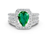 White gold Pear Cut Halo Emerald Ring with Split Shank and Four-Prong Setting
