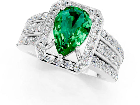 White gold Pear Cut Halo Emerald Ring with Split Shank and Four-Prong Setting_1