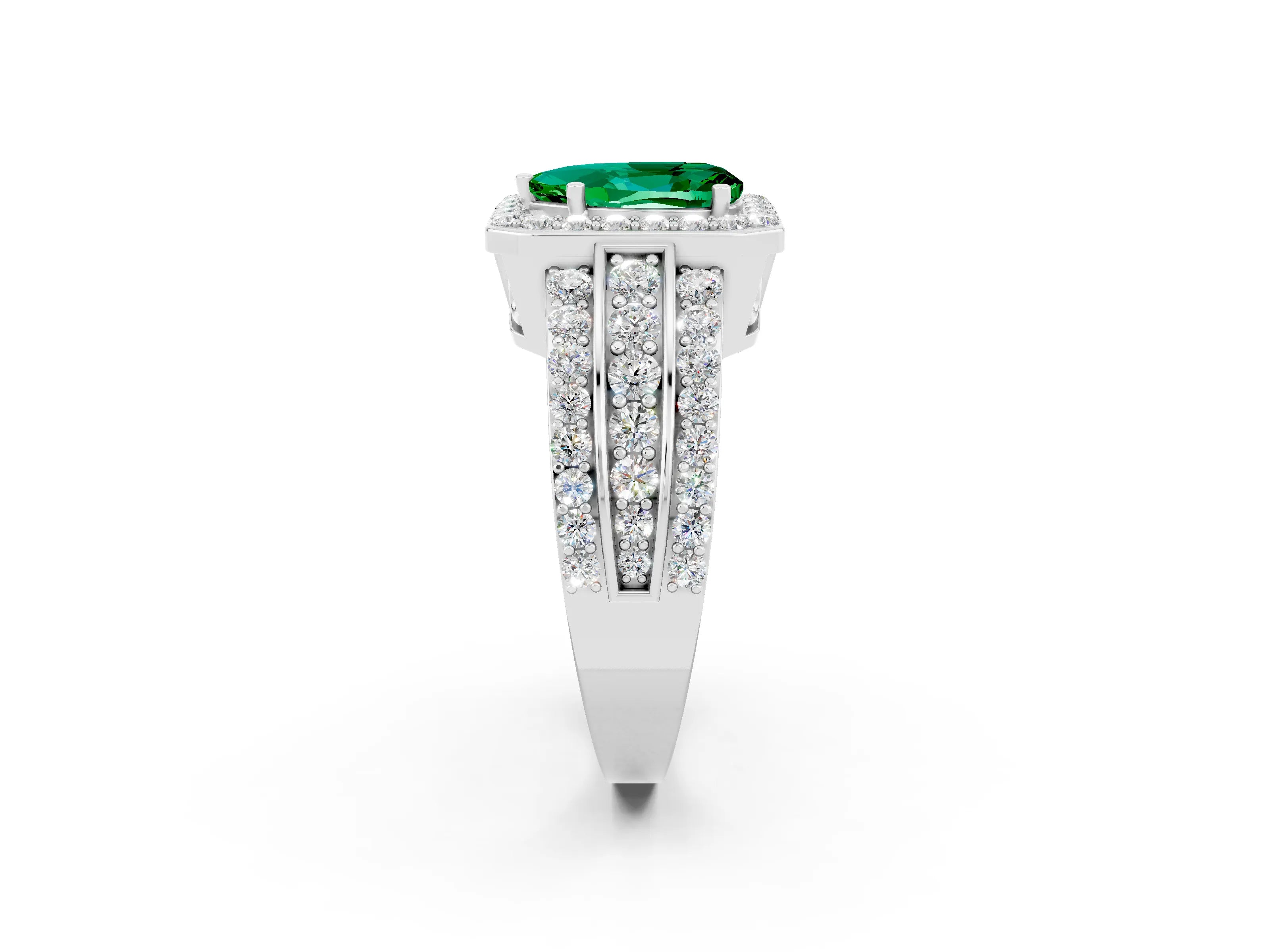 White gold Pear Cut Halo Emerald Ring with Split Shank and Four-Prong Setting_2
