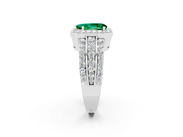 Silver Pear Cut Halo Emerald Ring with Round  Split Shank and Prong Setting