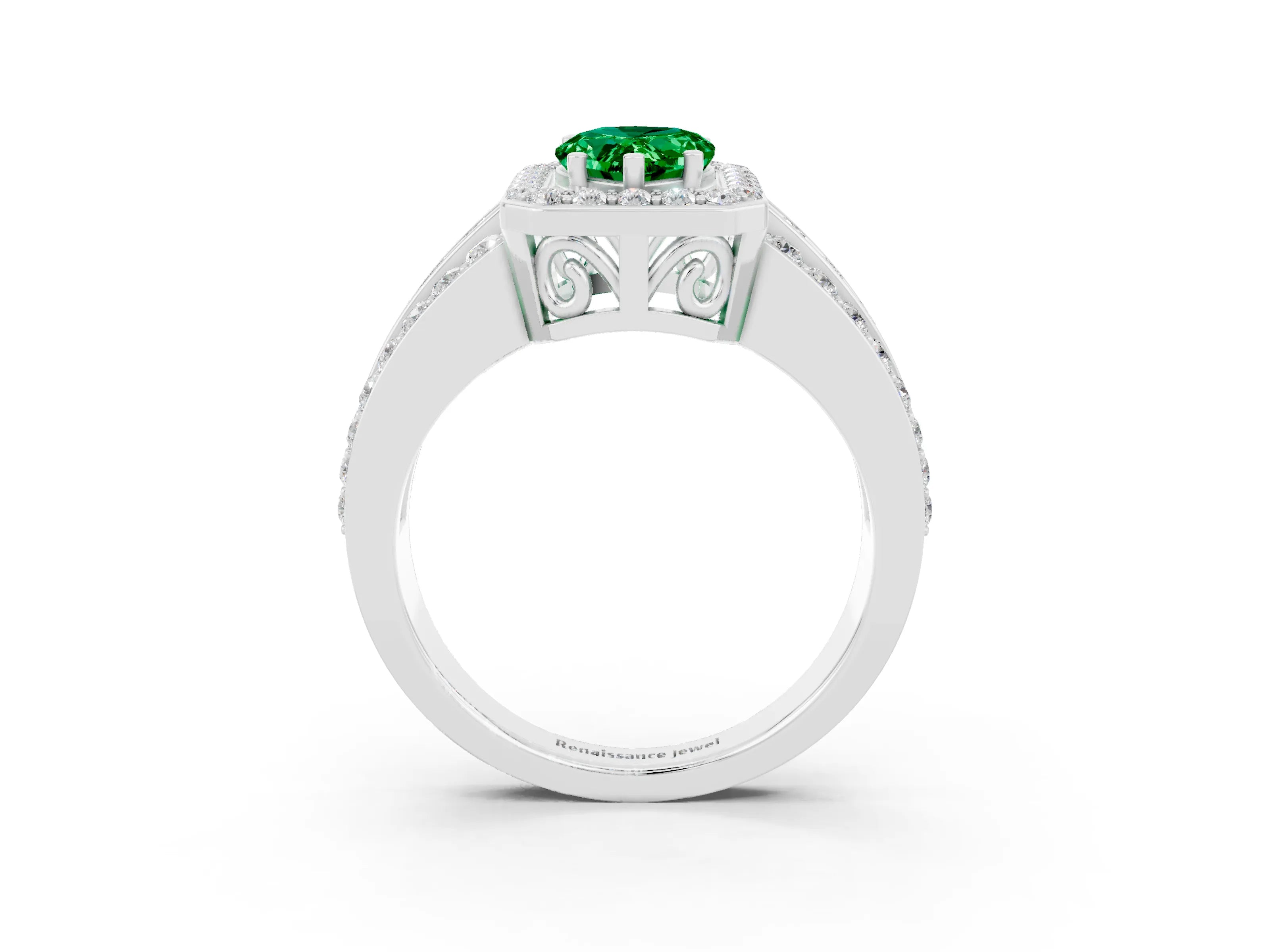 White gold Pear Cut Halo Emerald Ring with Split Shank and Four-Prong Setting_3