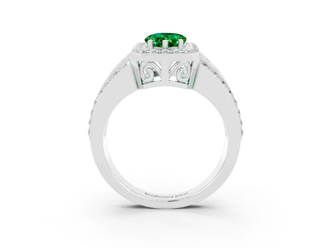 White gold Pear Cut Halo Emerald Ring with Split Shank and Four-Prong Setting_3