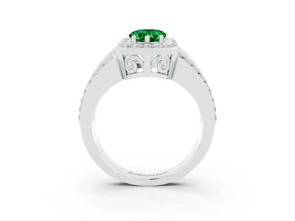 Silver Pear Cut Halo Emerald Ring with Round  Split Shank and Prong Setting