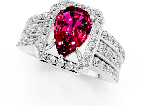 White gold Pear Cut Halo Garnet Ring with Split Shank and Four-Prong Setting_1