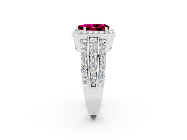 Silver Pear Cut Halo Garnet Ring with Round  Split Shank and Prong Setting