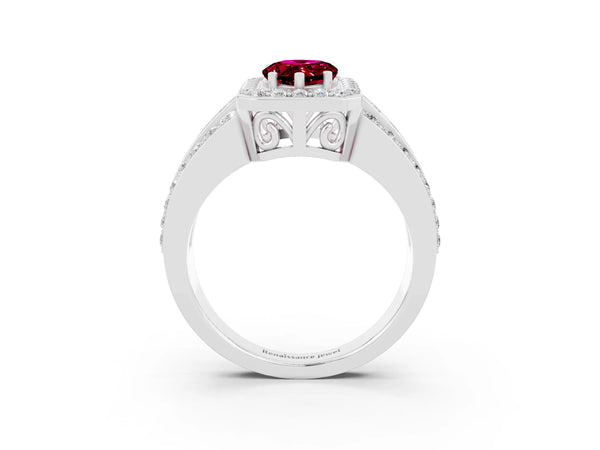 White gold Pear Cut Halo Garnet Ring with Round  Split Shank and Prong Setting