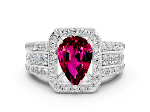 White gold Pear Cut Halo Garnet Ring with Split Shank and Four-Prong Setting