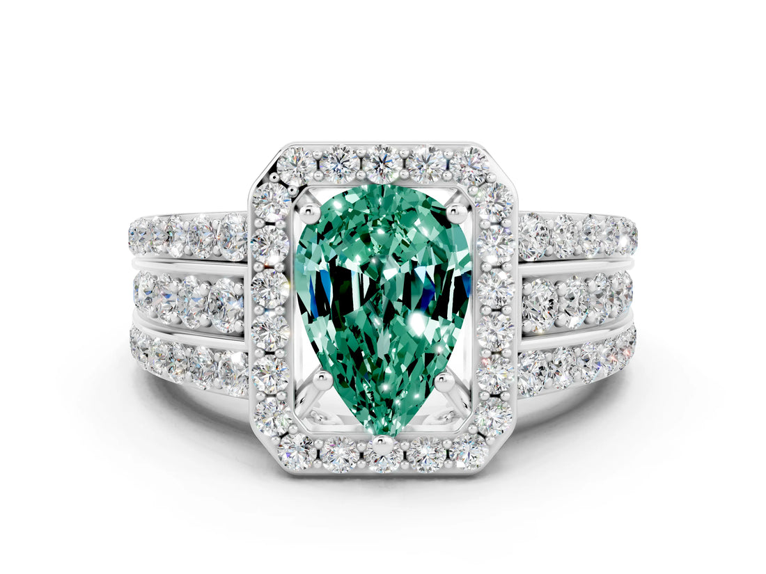 White gold Pear Cut Halo Green Sapphire Ring with Split Shank and Four-Prong Setting