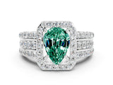 White gold Pear Cut Halo Green Sapphire Ring with Split Shank and Four-Prong Setting