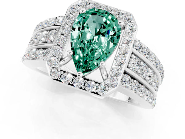 Platinum Pear Cut Halo Green Sapphire Ring with Round  Split Shank and Prong Setting