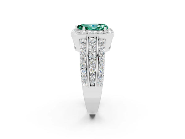 White gold Pear Cut Halo Green Sapphire Ring with Round  Split Shank and Prong Setting