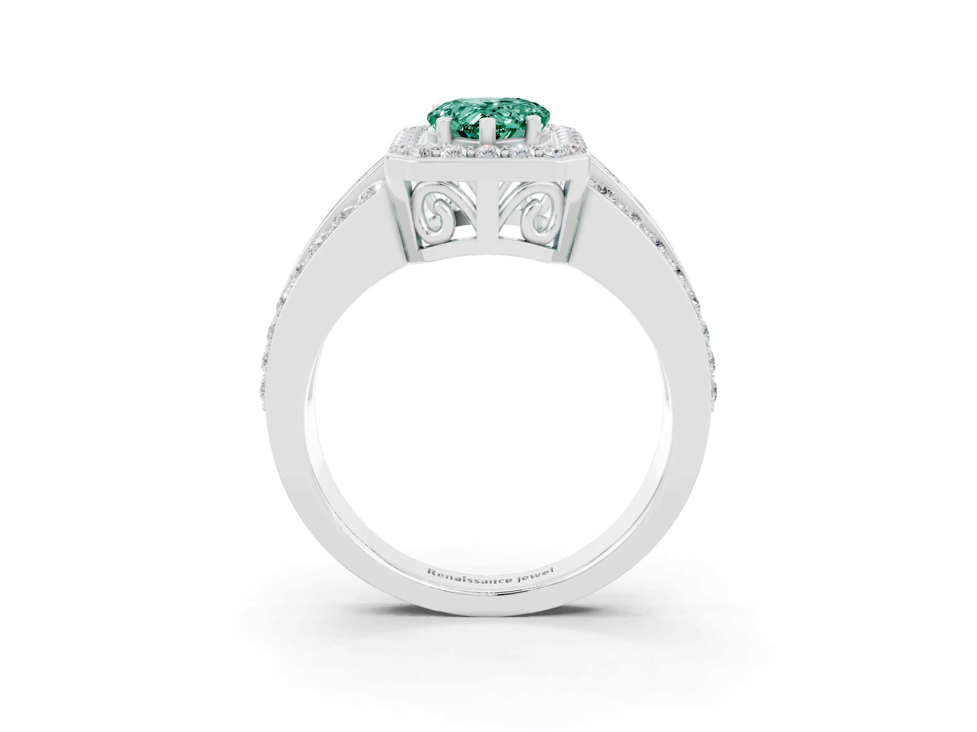 White gold Pear Cut Halo Green Sapphire Ring with Split Shank and Four-Prong Setting_3