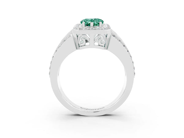 White gold Pear Cut Halo Green Sapphire Ring with Round  Split Shank and Prong Setting