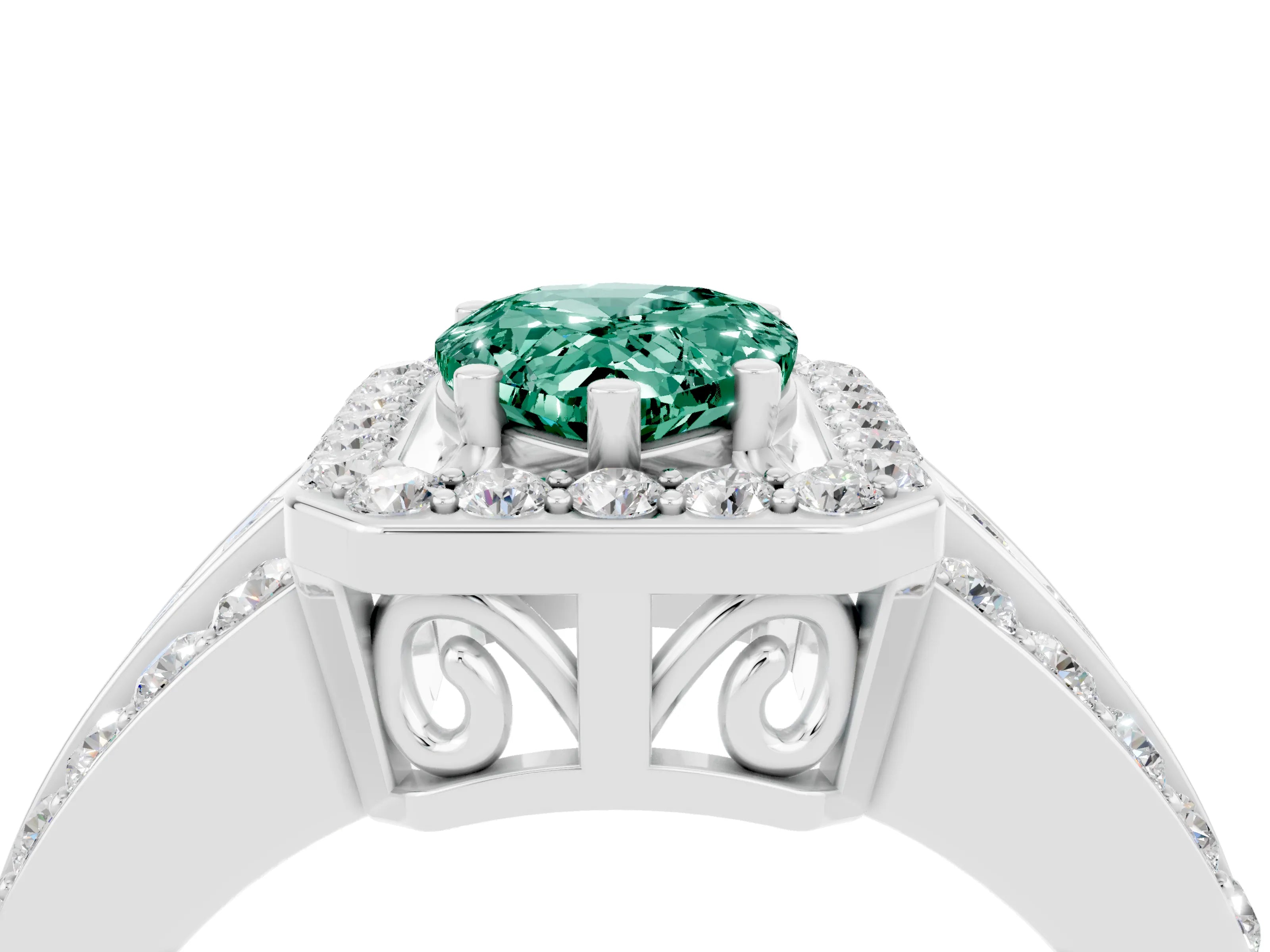 White gold Pear Cut Halo Green Sapphire Ring with Split Shank and Four-Prong Setting_4