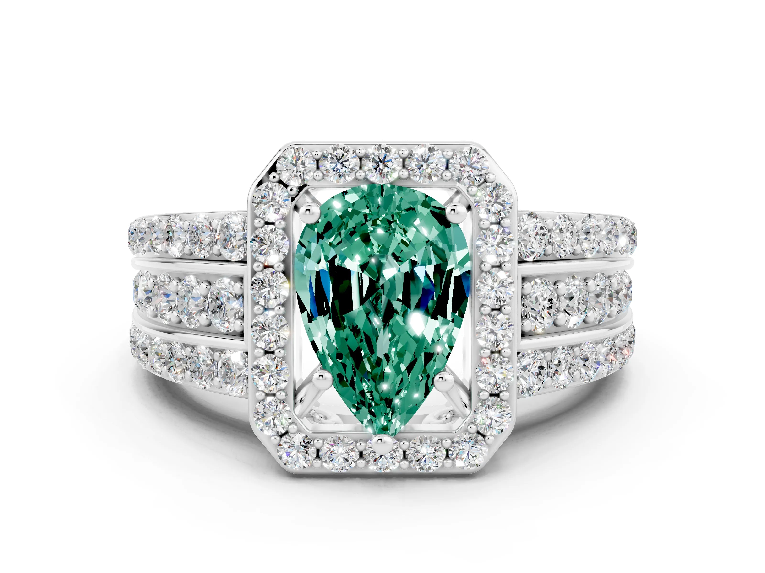 White gold Pear Cut Halo Green Sapphire Ring with Split Shank and Four-Prong Setting