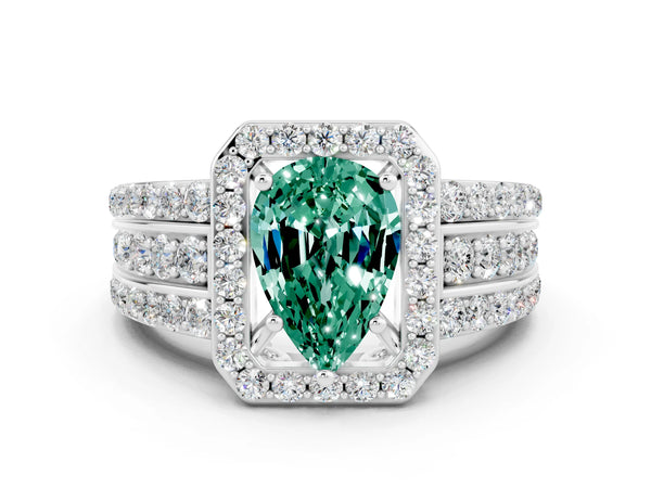 White gold Pear Cut Halo Green Sapphire Ring with Round  Split Shank and Prong Setting