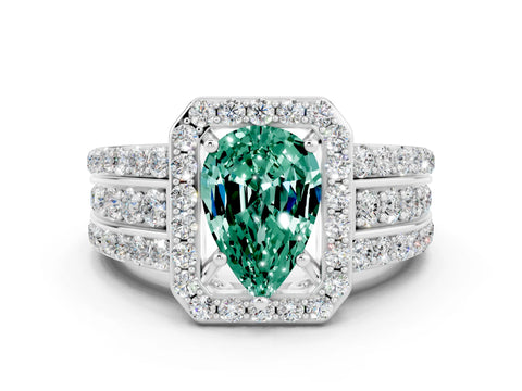 White gold Pear Cut Halo Green Sapphire Ring with Split Shank and Four-Prong Setting