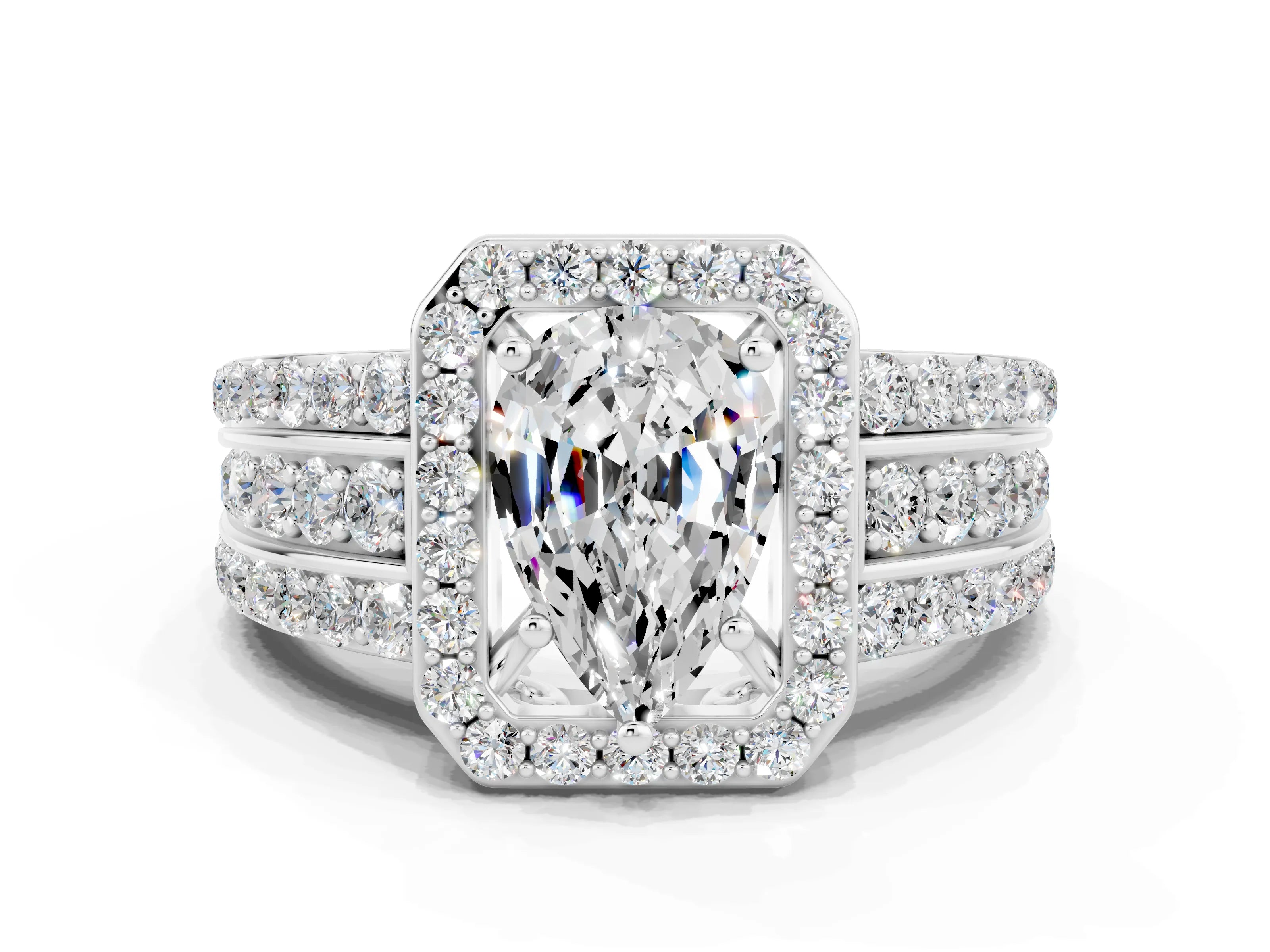 White gold Pear Cut Halo Moissanite Ring with Split Shank and Four-Prong Setting
