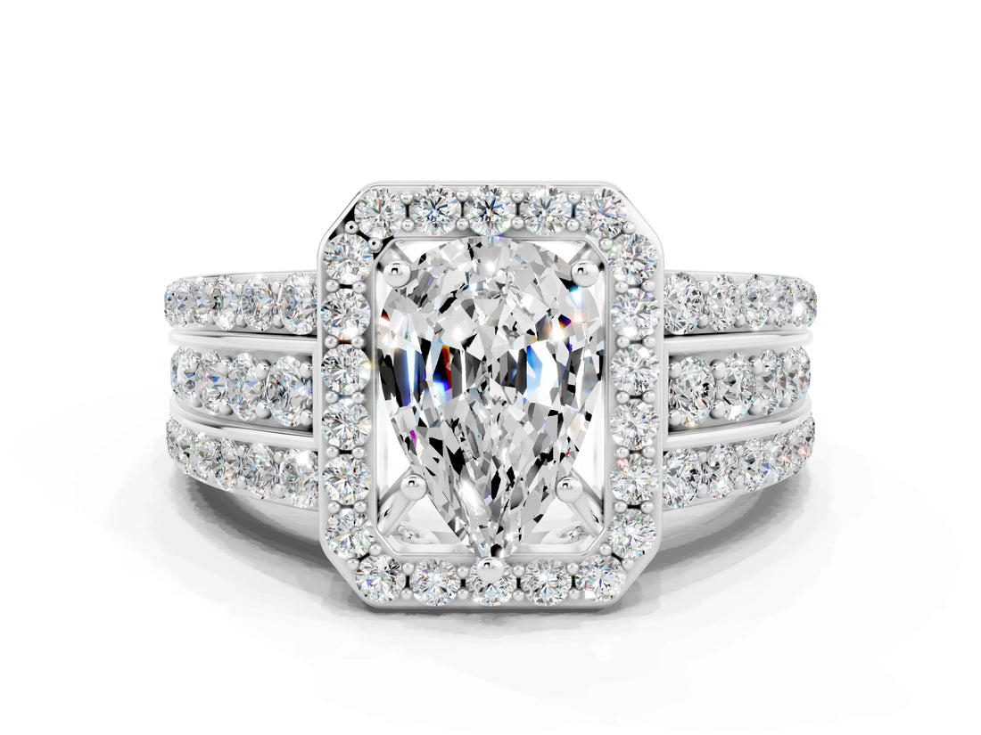 White gold Pear Cut Halo Moissanite Ring with Split Shank and Four-Prong Setting