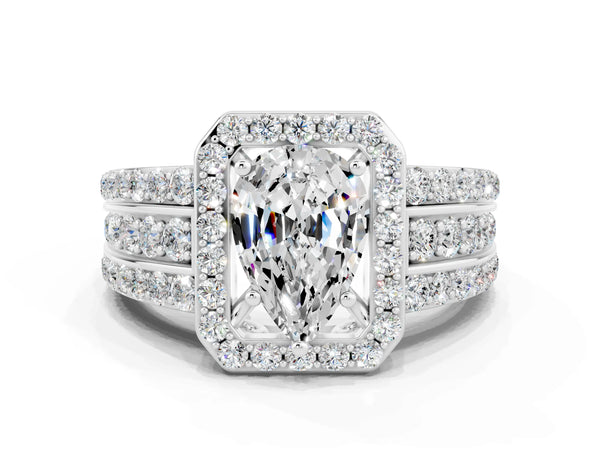 Platinum Pear Cut Halo Moissanite Ring with Round  Split Shank and Prong Setting
