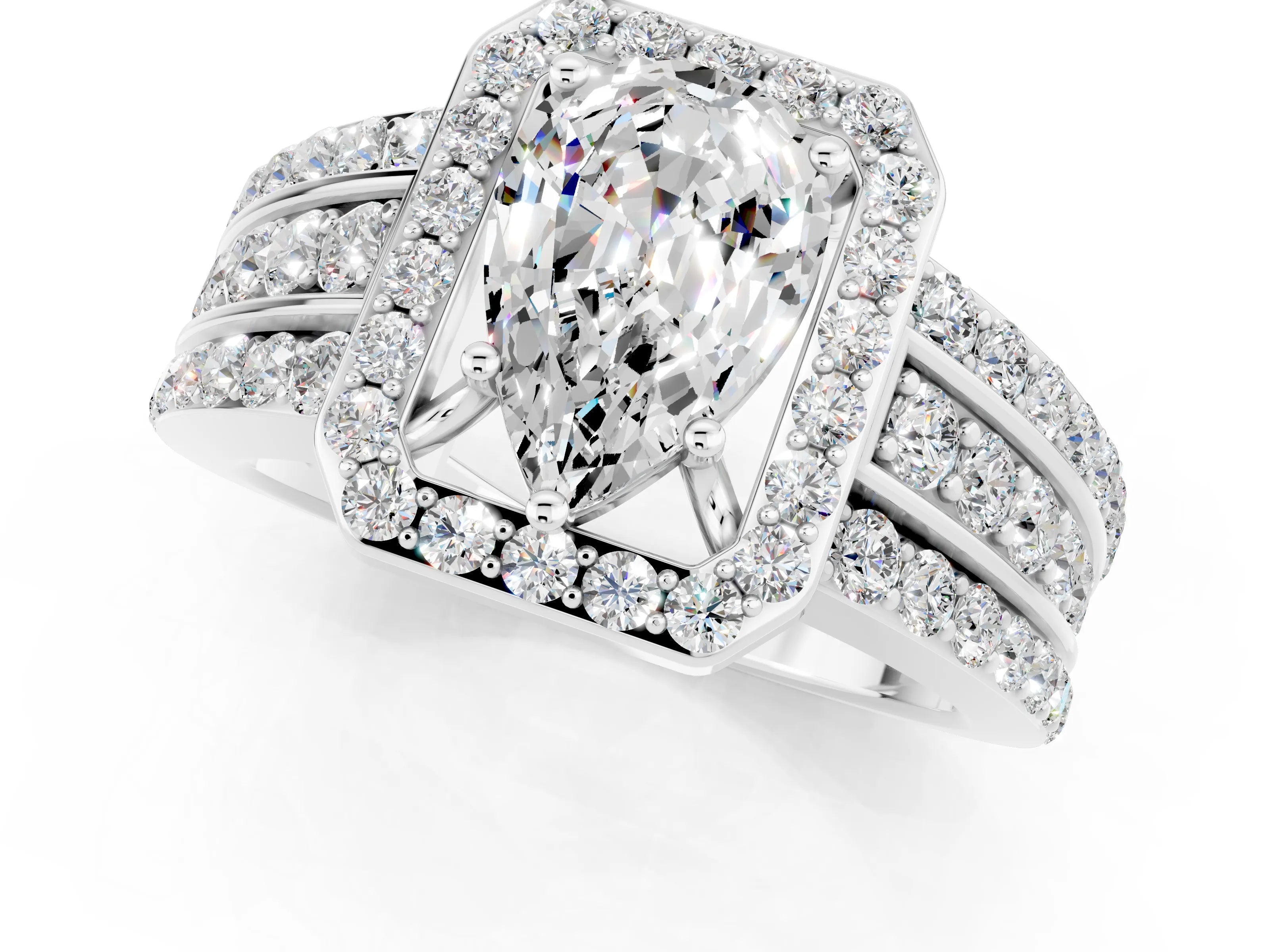 White gold Pear Cut Halo Moissanite Ring with Split Shank and Four-Prong Setting_1