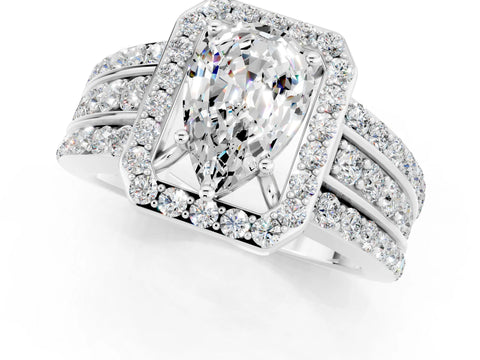 White gold Pear Cut Halo Moissanite Ring with Split Shank and Four-Prong Setting_1