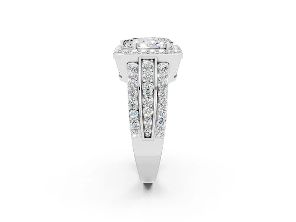 Platinum Pear Cut Halo Moissanite Ring with Round  Split Shank and Prong Setting