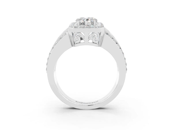 White gold Pear Cut Halo Moissanite Ring with Round  Split Shank and Prong Setting