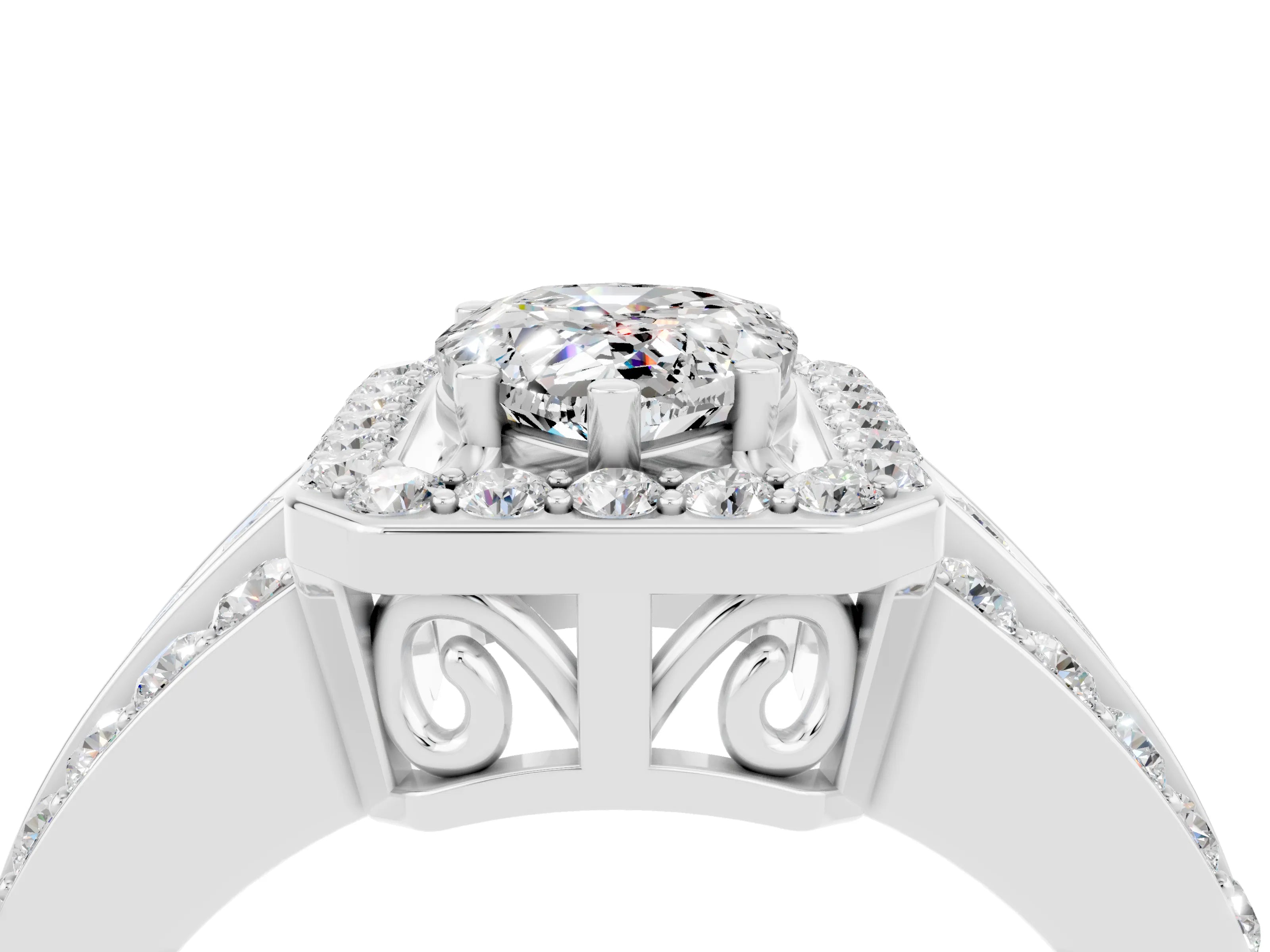 White gold Pear Cut Halo Moissanite Ring with Split Shank and Four-Prong Setting_4