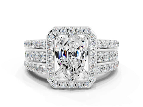 White gold Pear Cut Halo Moissanite Ring with Split Shank and Four-Prong Setting