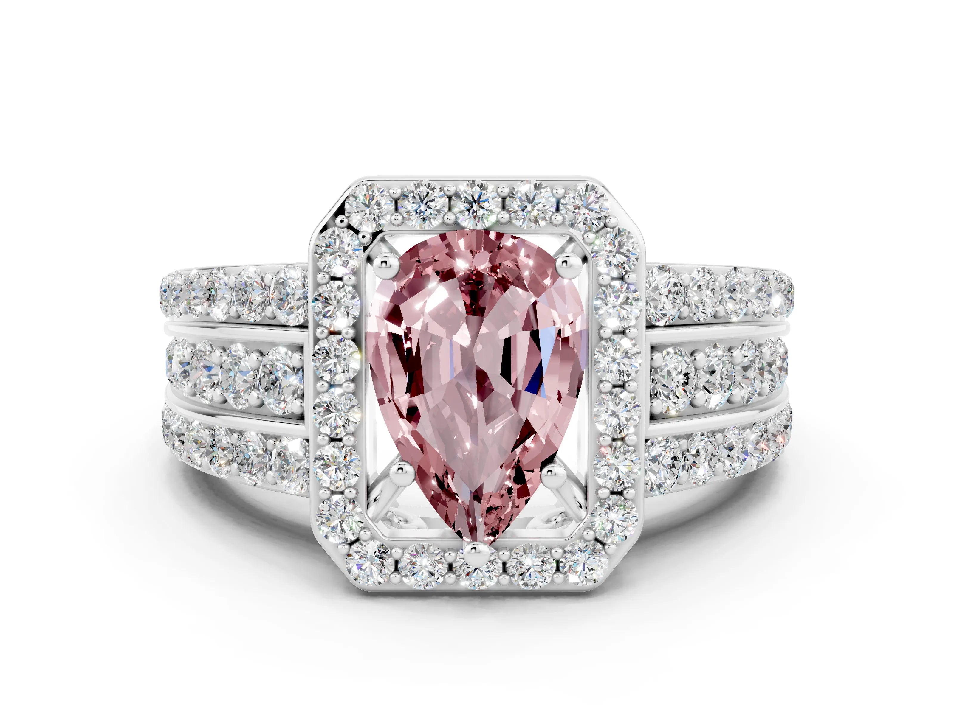 White gold Pear Cut Halo Morganite Ring with Split Shank and Four-Prong Setting