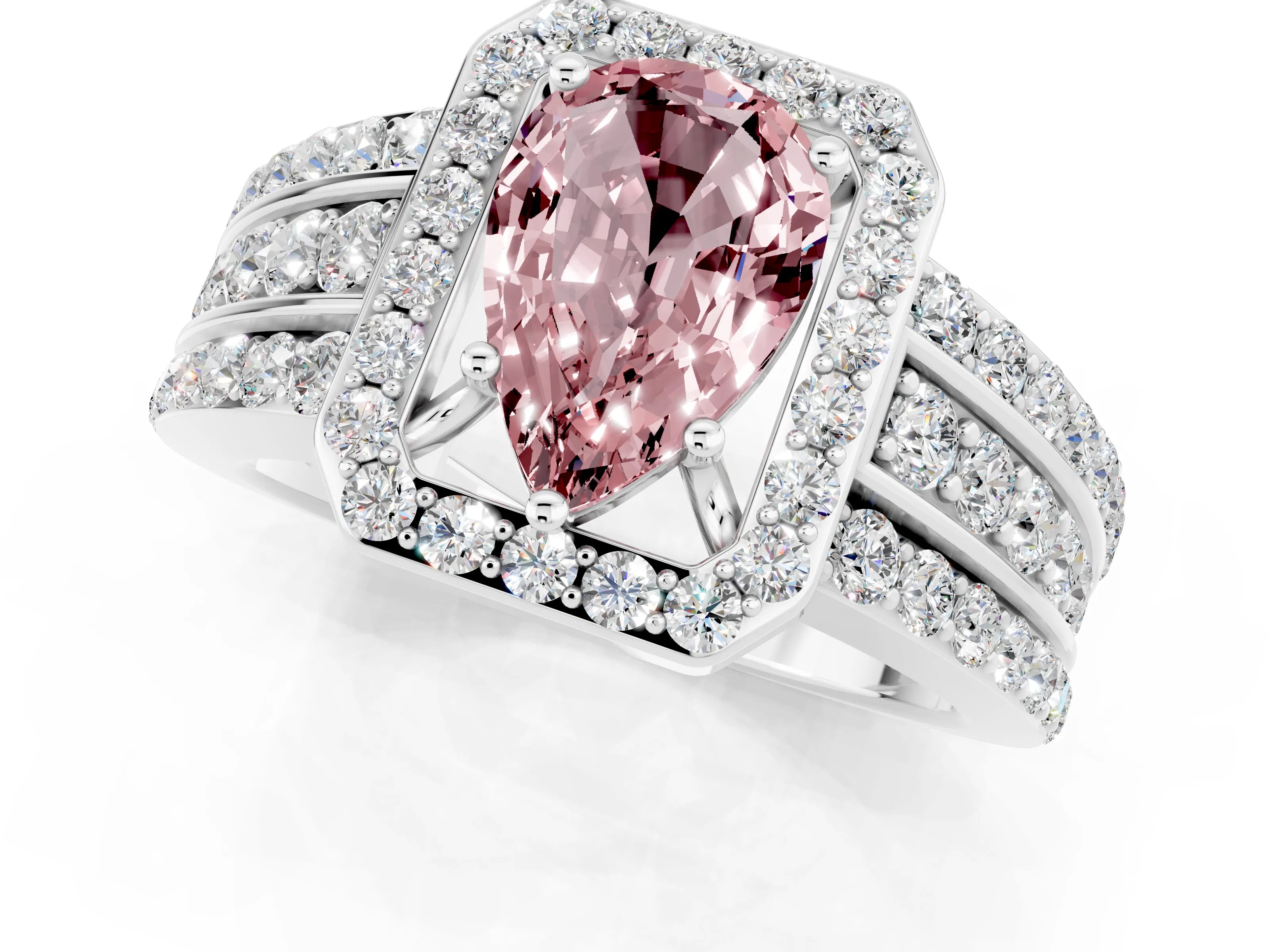 White gold Pear Cut Halo Morganite Ring with Split Shank and Four-Prong Setting_1