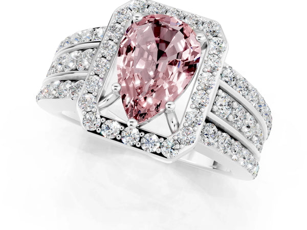 Silver Pear Cut Halo Morganite Ring with Round  Split Shank and Prong Setting
