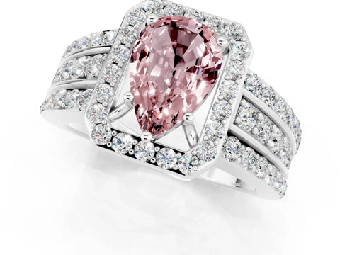 White gold Pear Cut Halo Morganite Ring with Split Shank and Four-Prong Setting_1