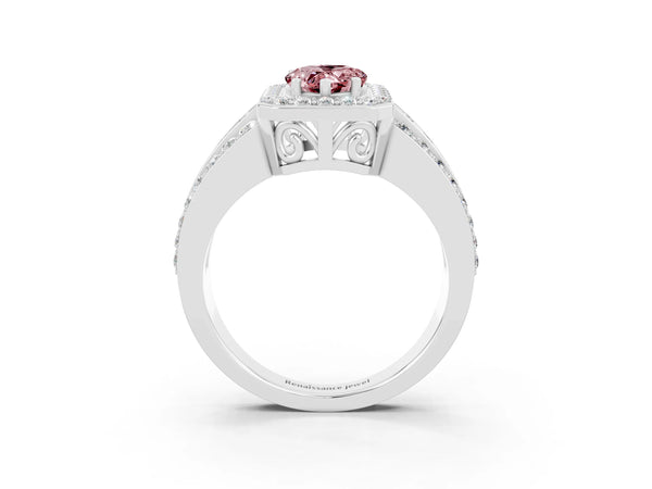 Platinum Pear Cut Halo Morganite Ring with Round  Split Shank and Prong Setting