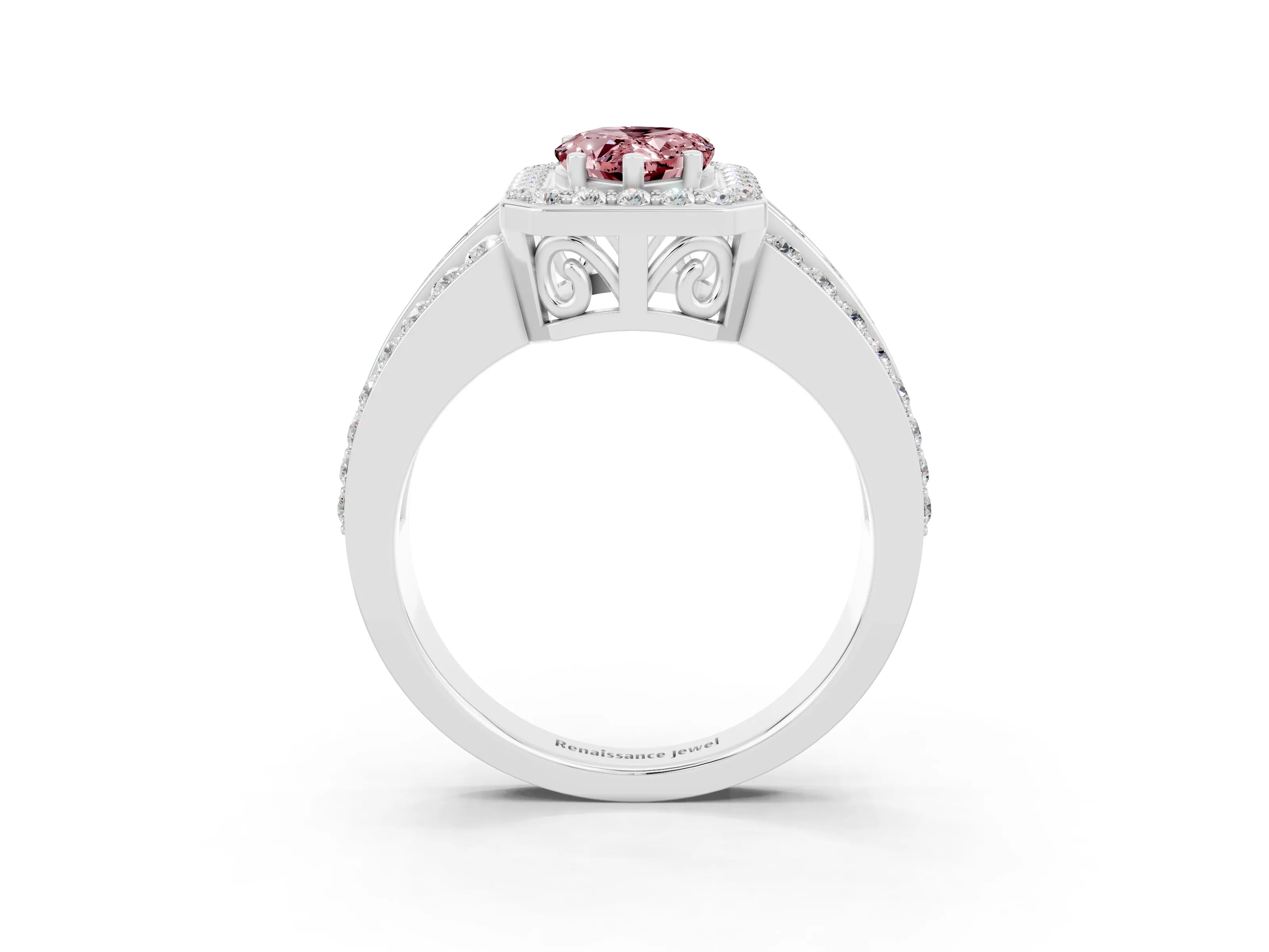 White gold Pear Cut Halo Morganite Ring with Split Shank and Four-Prong Setting_3