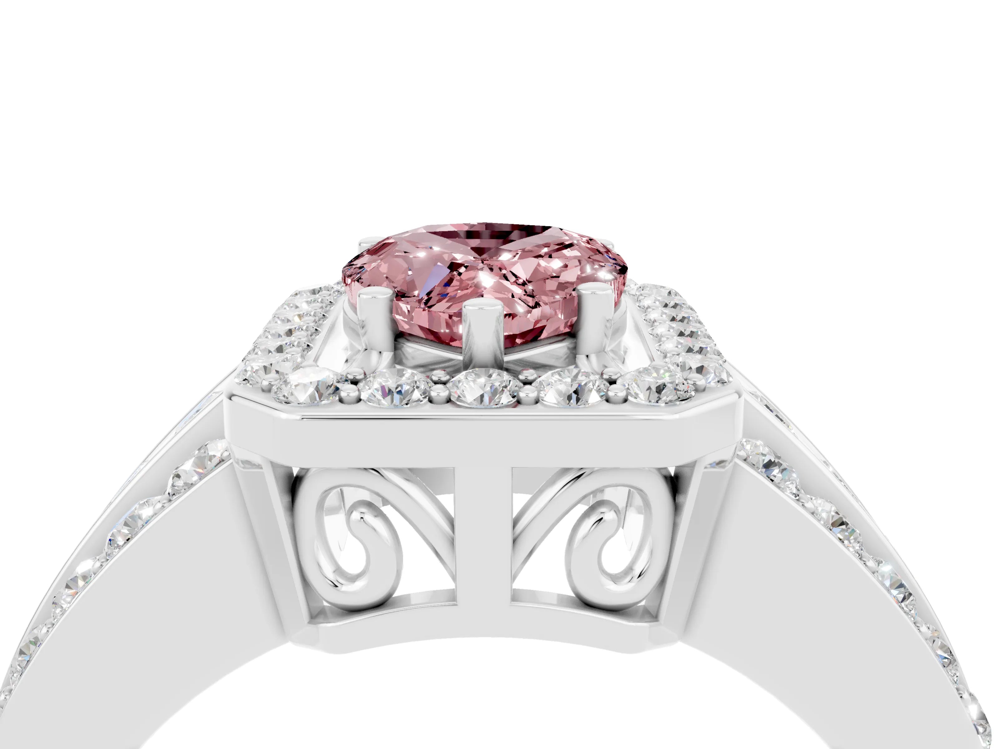 White gold Pear Cut Halo Morganite Ring with Split Shank and Four-Prong Setting_4