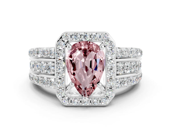 White gold Pear Cut Halo Morganite Ring with Round  Split Shank and Prong Setting