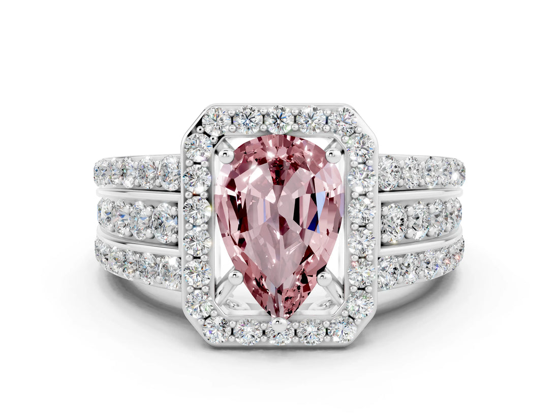 White gold Pear Cut Halo Morganite Ring with Split Shank and Four-Prong Setting