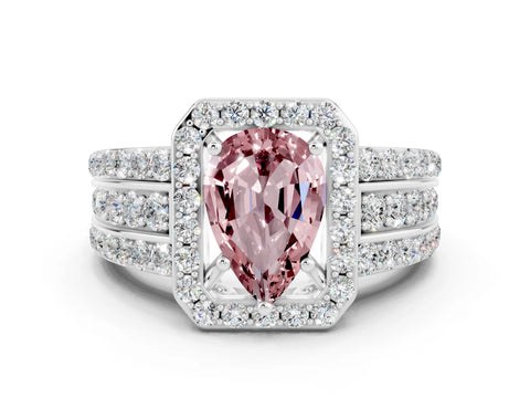 White gold Pear Cut Halo Morganite Ring with Split Shank and Four-Prong Setting