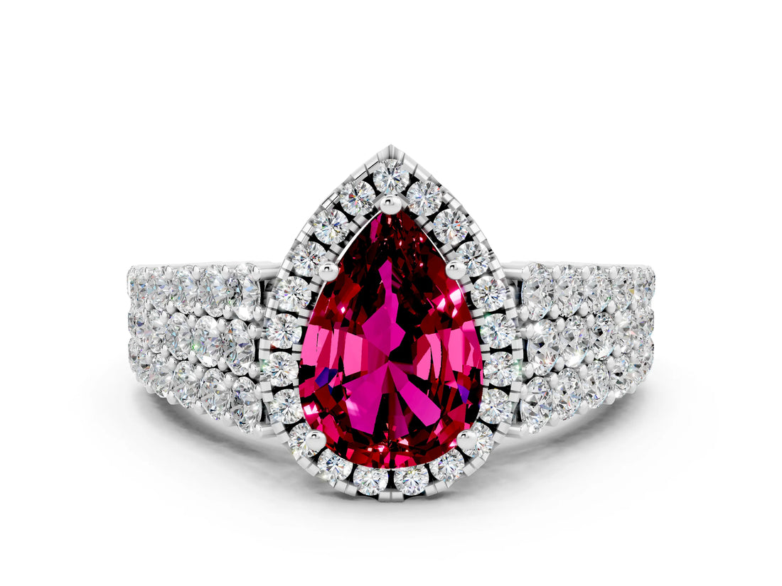 White gold Pear Cut Halo Pavé Diamond Engagement Ring with Split Shank and Four-Prong Setting