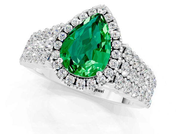 Platinum Pear Cut Emerald Halo Engagement Ring with Triple Row Round Pavé Band and Prong Setting