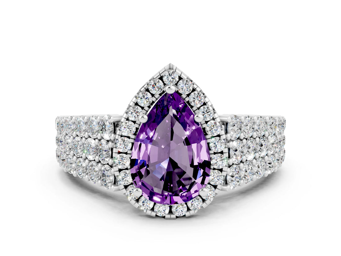 White gold Pear Cut Halo Pavé Diamond Engagement Ring with Split Shank and Four-Prong Setting