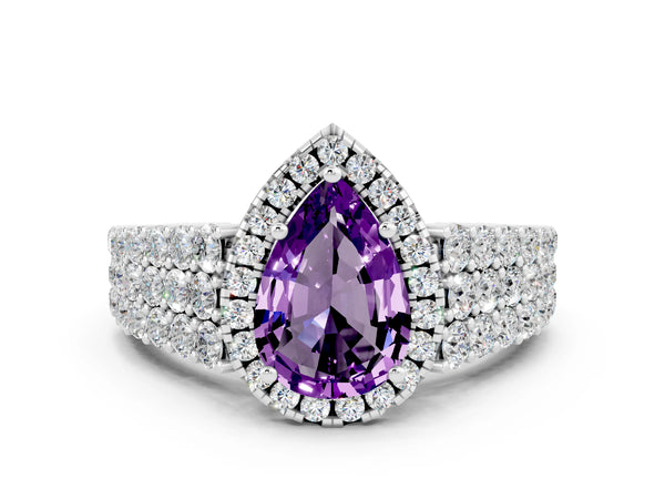 Silver Pear Cut Amethyst Halo Engagement Ring with Triple Row Round Pavé Band and Prong Setting
