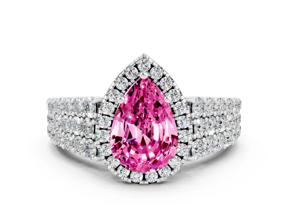 White gold Pear Cut Halo Pavé Diamond Engagement Ring with Split Shank and Four-Prong Setting